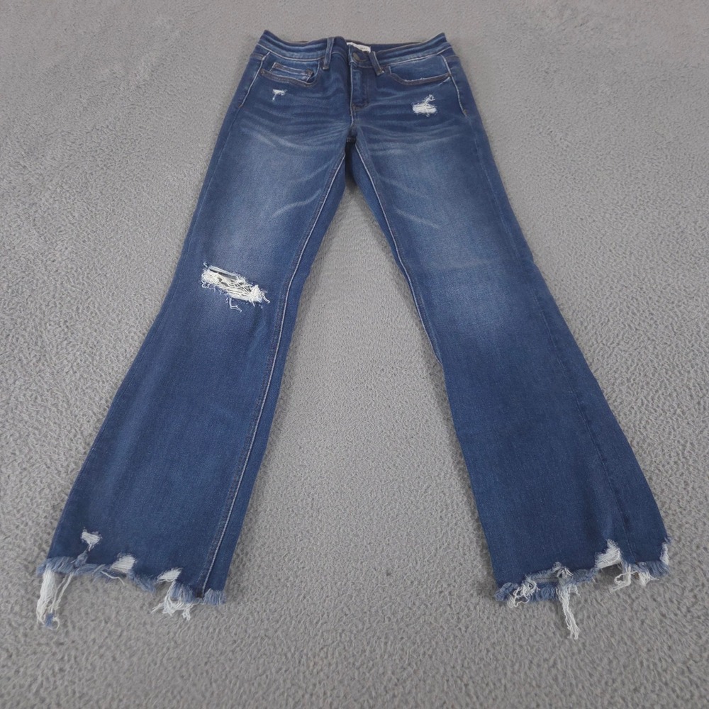 Flying Monkey Jeans Womens 26 Flare Blue Cove Mid Rise‎ Uneven Hem Distressed